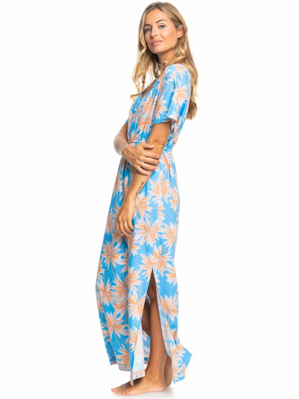 Roxy DYNAMITE GIRL AGAIN AZURE BLUE PALM ISLAND letní dlouhé šaty - XL